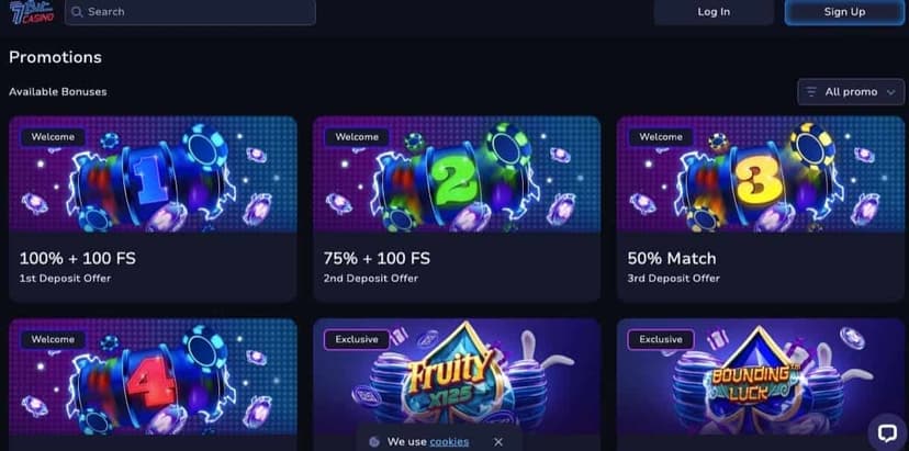 7Bit Casino bonus page showing the four-deposit welcome package tiers