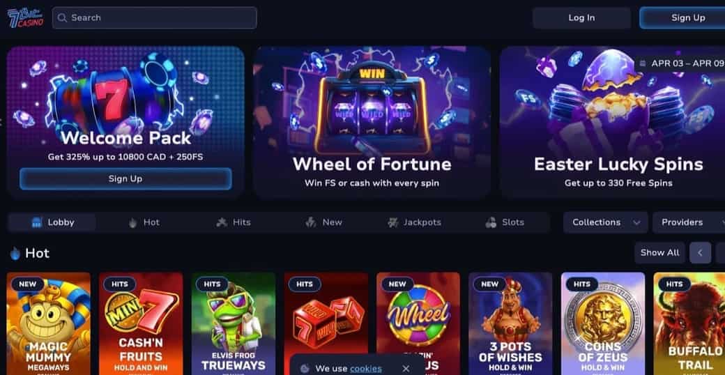 7Bit Casino homepage with the ~€5,400 four-deposit welcome, 250 free spins, and the €5 no-deposit chip on signup under a reformed Curaçao GCA licence