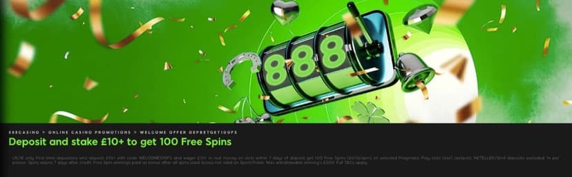 888 Casino welcome offer – deposit £10, stake £10, get 100 free spins on selected Pragmatic Play slots