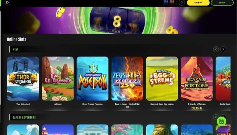 888 Casino online slots page with games from Pragmatic Play, NetEnt, and other providers