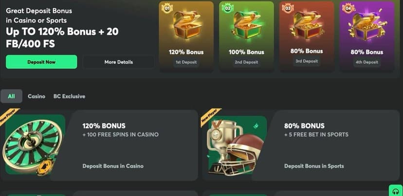 BC.Game bonus page showing the 4-deposit welcome package and free spins breakdown
