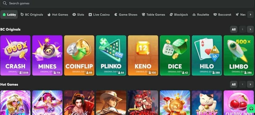 BC.Game slot library filtered by provider with game thumbnails and categories