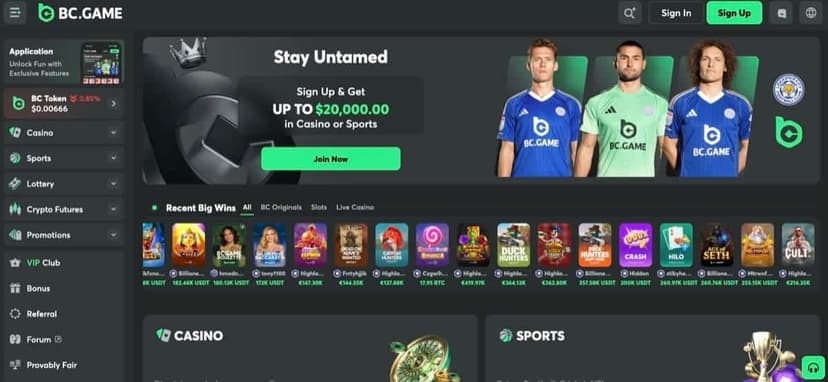 BC.Game homepage showing the welcome bonus banner and game categories