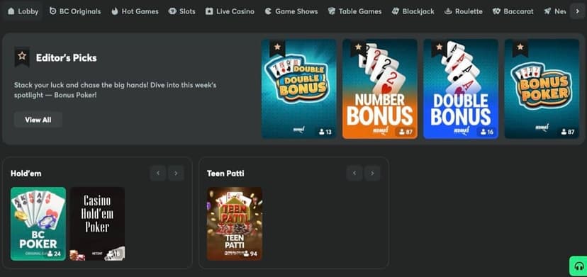 BC.Game poker lobby with active tables and tournament listings