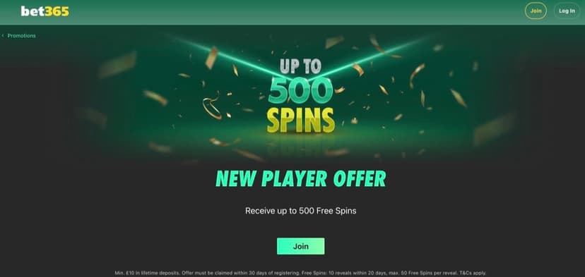 Bet365 New Player Offer page showing up to 500 Free Spins with the £10 lifetime-deposit terms