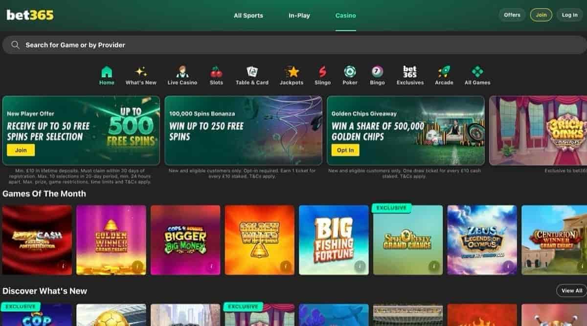 Bet365 UK casino lobby with the up-to-500 Free Spins New Player Offer banner and Games of the Month row