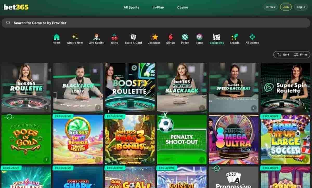 Bet365 live casino and Exclusives lobby with bet365 Roulette, Blackjack and Super Spin Roulette tables