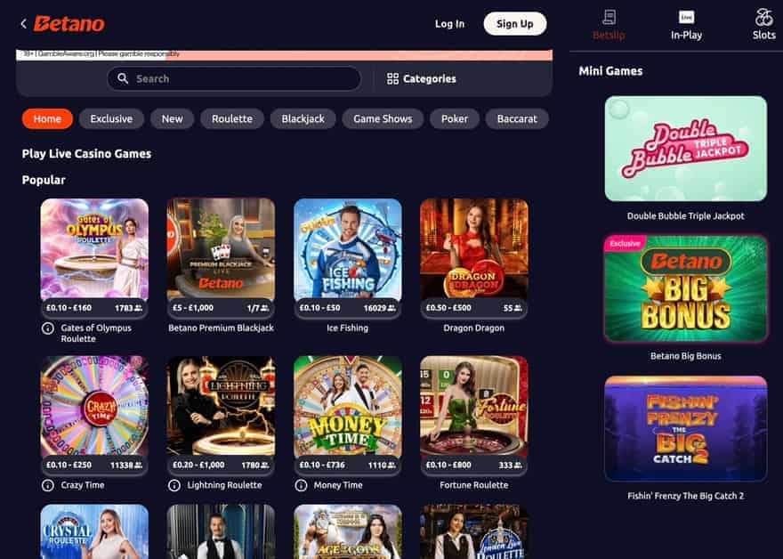 Betano UK live casino lobby with branded blackjack, roulette, and game shows