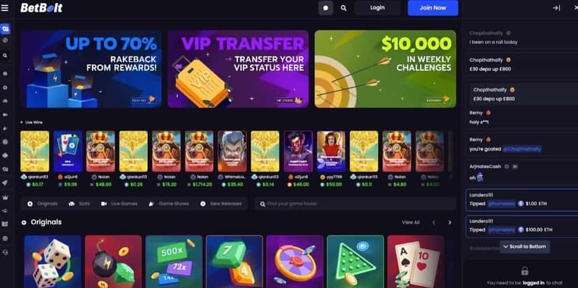 BetBolt homepage showing the crypto casino lobby and featured games
