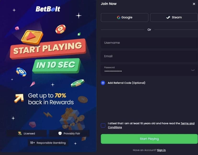 BetBolt registration form showing the crypto-only signup flow
