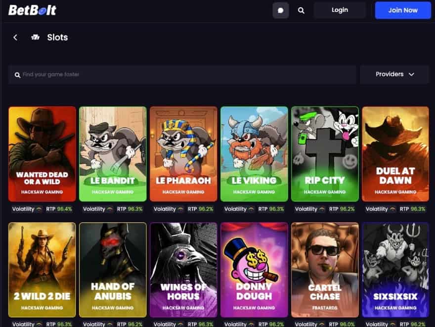 BetBolt slots lobby with provider filters and game tiles