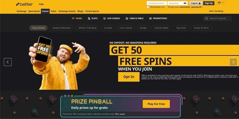 Betfair casino section with 50 Free Spins offer and featured slots