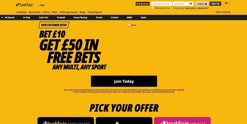 Betfair sportsbook homepage with Bet £10 Get £50 in Free Bets offer