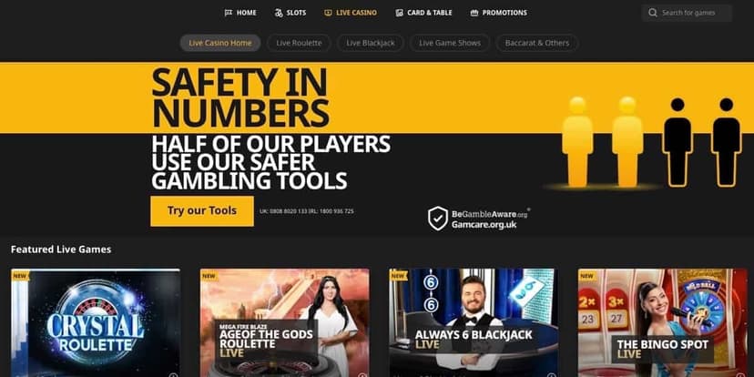 Betfair live casino section with Safety in Numbers responsible gambling message and featured games