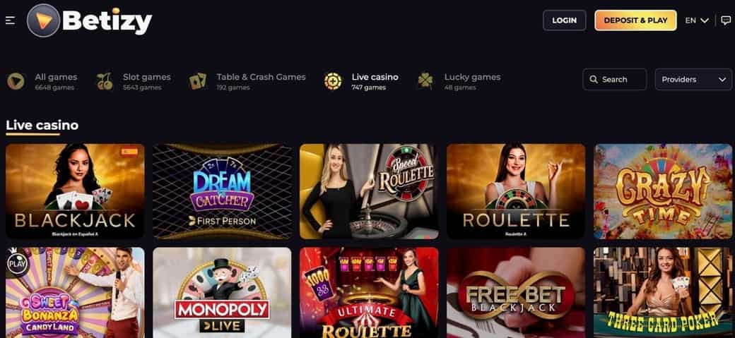 Betizy live casino section featuring Dream Catcher, roulette variants, Crazy Time, Monopoly Live, Free Bet Blackjack, and Three Card Poker tables