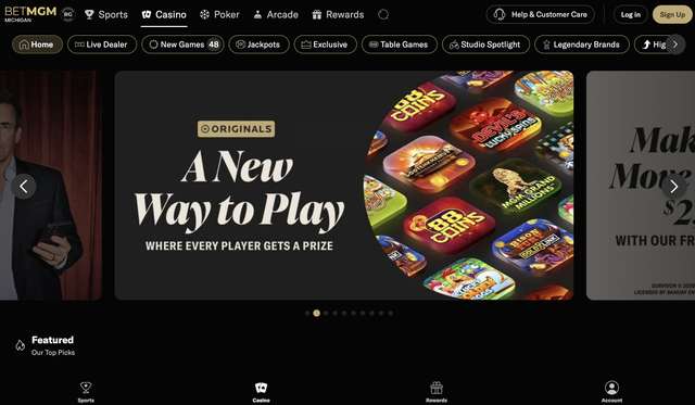 BetMGM Michigan casino lobby showing the +Originals carousel with 88 Coins, Devil's Lucky Spins, MGM Grand Millions, Bison Fury Gold Link, and Lootenkhamu