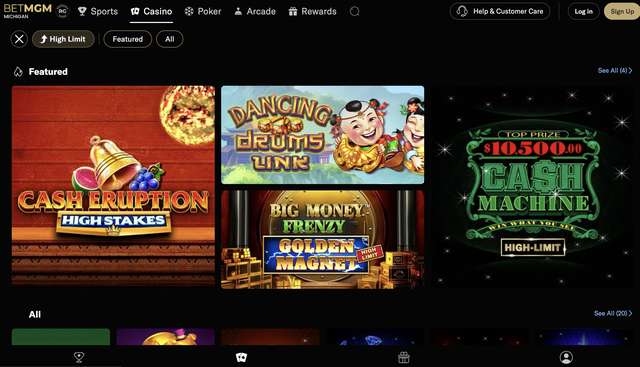 BetMGM Michigan High Limit games filter showing Cash Eruption High Stakes, Dancing Drums Link, Big Money Frenzy Golden Magnet, and Cash Machine High-Limit slot tiles