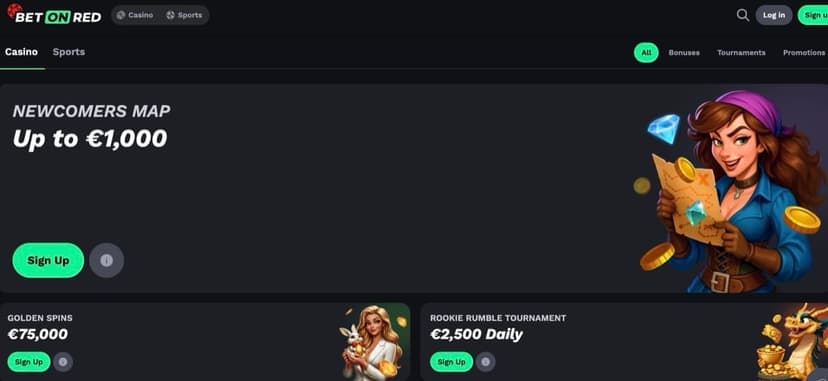 BetOnRed promotions page showing Newcomers Map, Golden Spins, and Rookie Rumble Tournament