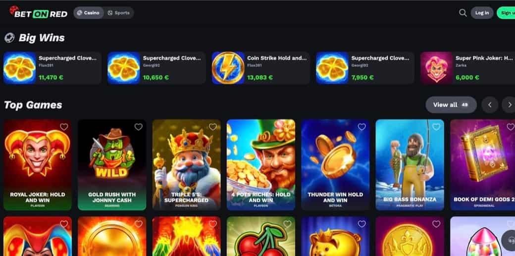 BetOnRed casino lobby showing Big Wins leaderboard and Top Games selection
