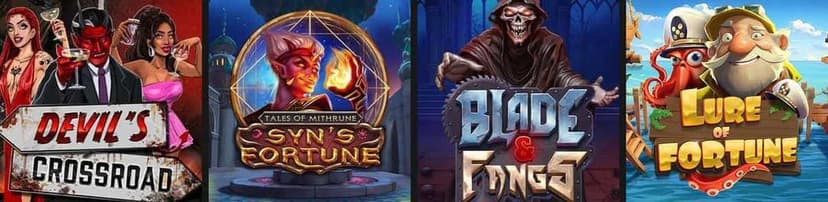 A row of slots in the Betplay casino lobby – Devil's Crossroad by Nolimit City, Tales of Mithrune by Play'n GO, Blade & Fangs by Pragmatic Play, and Lure of Fortune by Relax Gaming