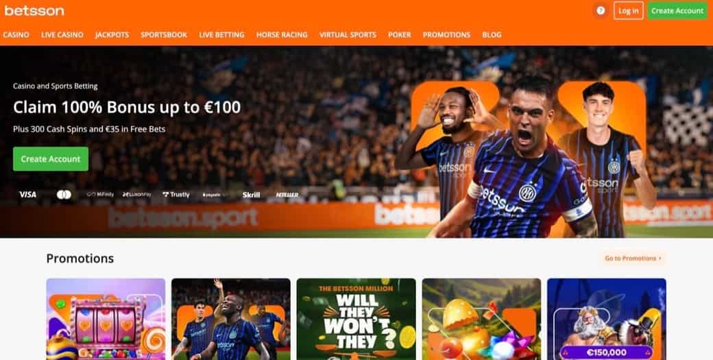 Betsson homepage with the 100% up to €100 welcome, 300 wager-free Cash Spins on Sweet Bonanzasson, and €35 in Sportsbook Free Bets across six deposits under MGA + SGA + Danish licensing