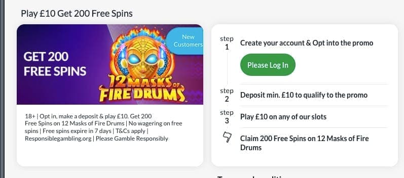 BetVictor bonus page showing Play £10 Get 200 Free Spins on 12 Masks of Fire Drums with no wagering
