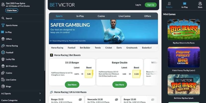 BetVictor sports homepage featuring horse racing markets and safer gambling banner