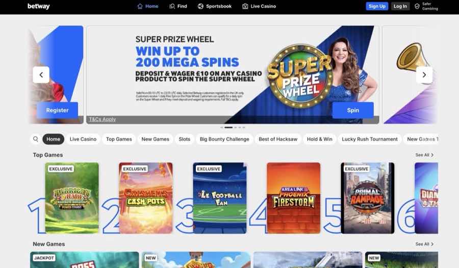 Betway UK homepage showing the Super Prize Wheel promotion and the Top Games carousel