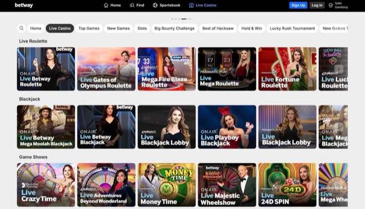 Betway live casino lobby with branded roulette, blackjack, and game show tables