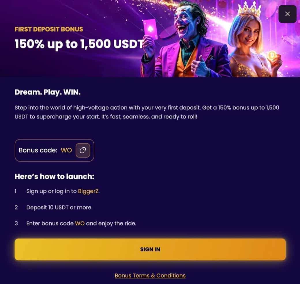 BiggerZ first deposit bonus details showing 150% match up to 1,500 USDT