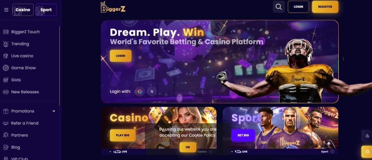 BiggerZ Casino homepage with the lootbox engagement layer and the crypto-led cashier