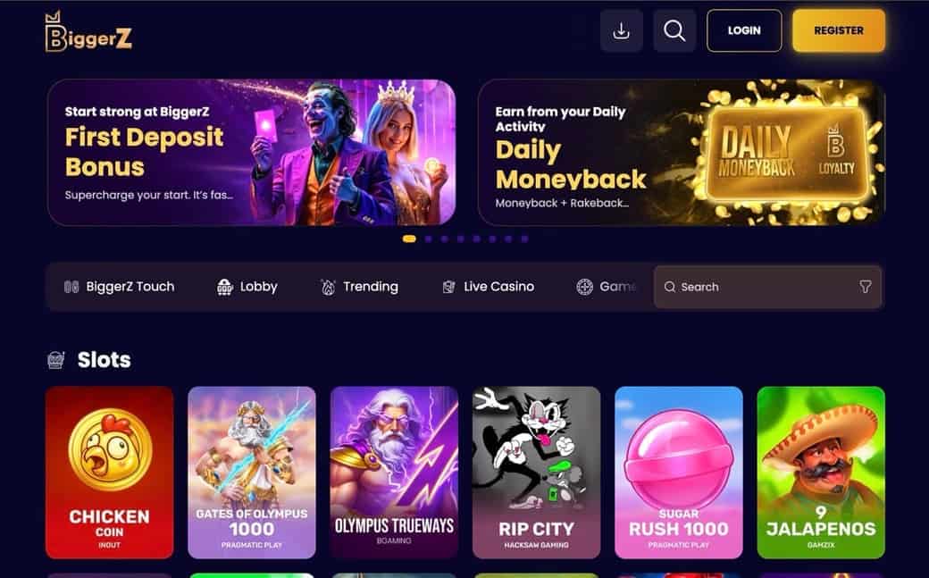 BiggerZ slots lobby with game thumbnails and provider filters