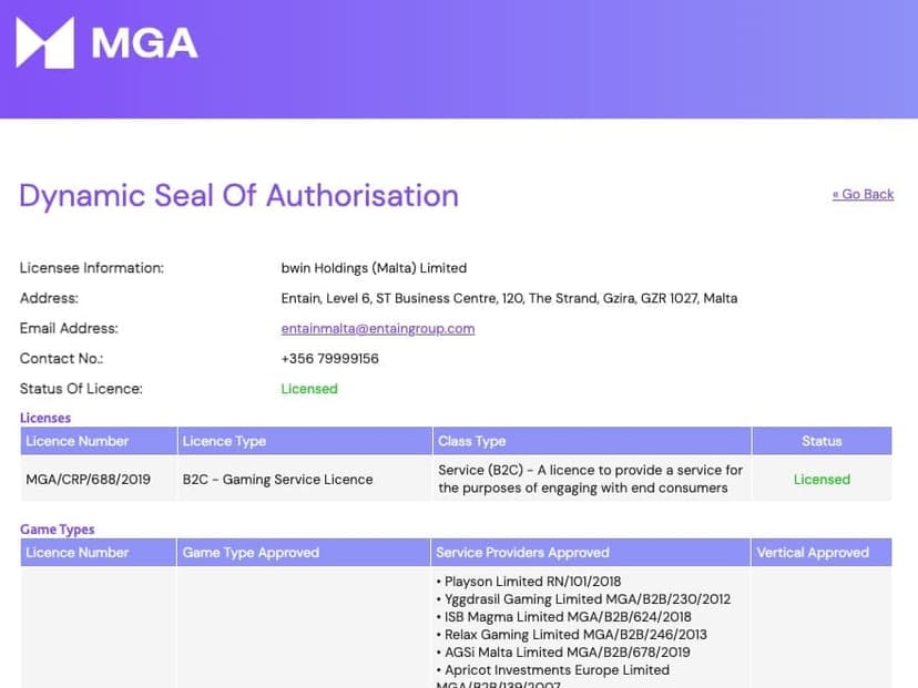 MGA Dynamic Seal confirming bwin Holdings (Malta) Limited license MGA/CRP/688/2019