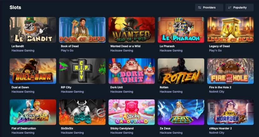 Casinobet slots lobby showing titles from Pragmatic Play, Games Global, Hacksaw, Play'n GO and BGaming with a provider filter and popularity sort