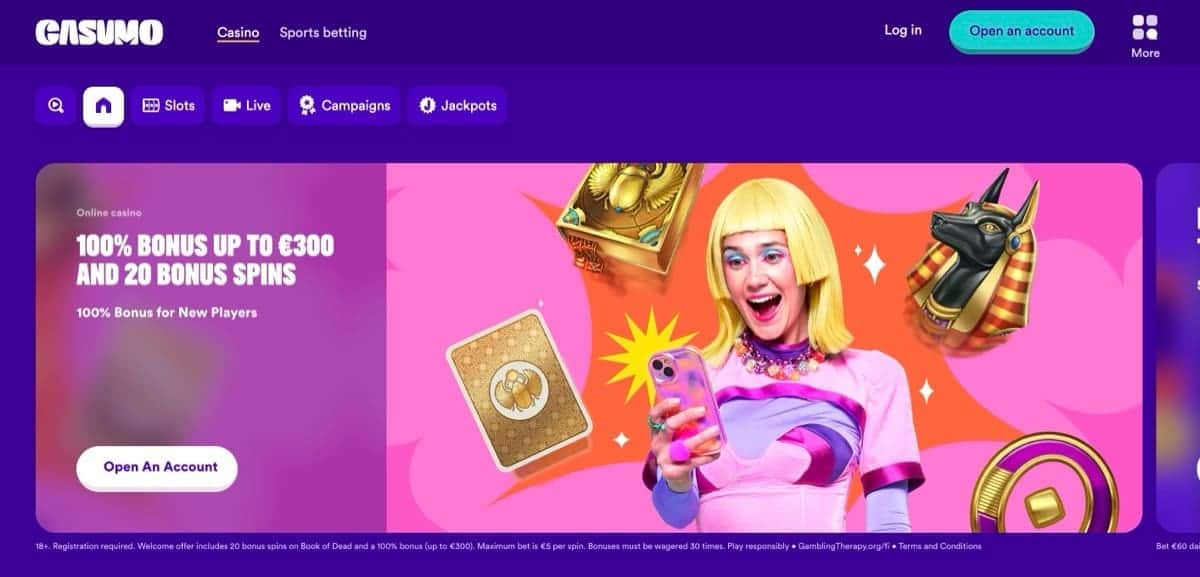 Casumo homepage showing six tier-1 licences and the 10x-wagering welcome offer
