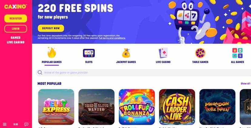 Caxino Casino homepage offering 220 free spins for new players with game category navigation