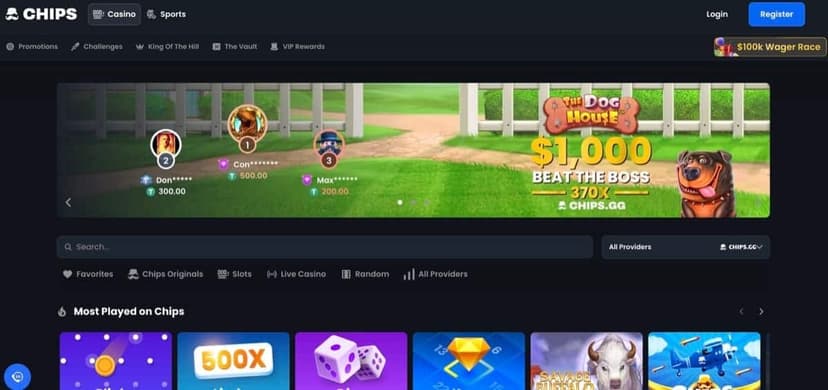Chips.gg homepage showing $1,000 Beat The Boss challenge and leaderboard