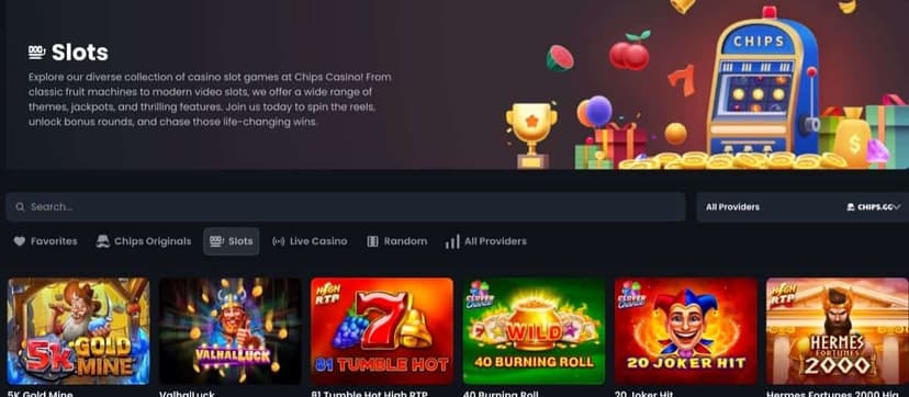 Chips.gg slots section showing game thumbnails from multiple providers