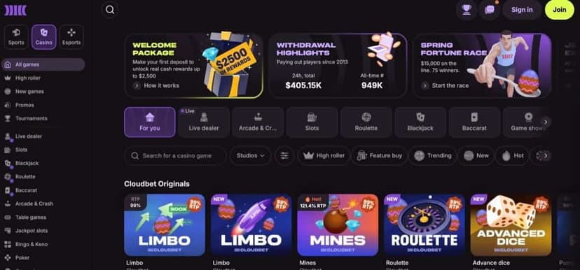 Cloudbet game library showing provider filters and slot categories