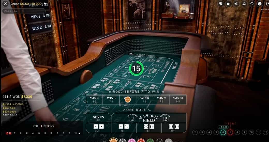 Craps table layout showing pass line, don't pass bar, come area, field bets, and proposition bets in the centre