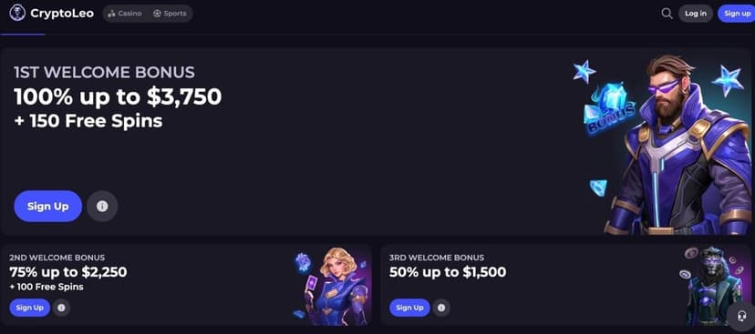 CryptoLeo welcome bonus page showing the 3-deposit package and wagering terms
