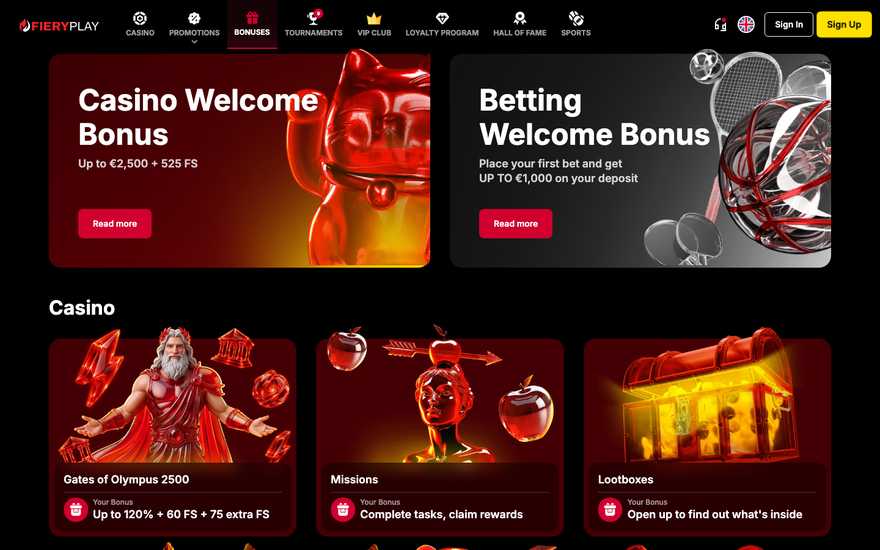 FieryPlay bonuses page showing the casino welcome bonus card, the betting welcome bonus and casino promotions including missions and loot boxes
