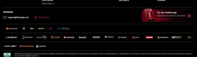 FieryPlay footer payment row showing Mastercard, Maestro, Visa, Neteller, Skrill and MiFinity above the game provider logos