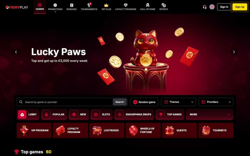FieryPlay homepage with the promo carousel, game search and quick links to the VIP club, loyalty program, loot boxes and quests