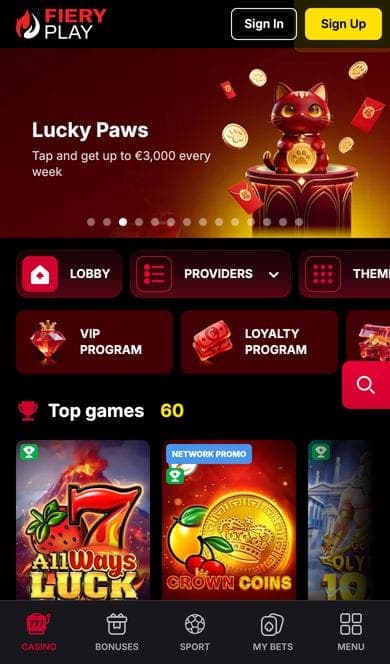 FieryPlay in a mobile browser, with the bottom bar for casino, bonuses, sport and bets