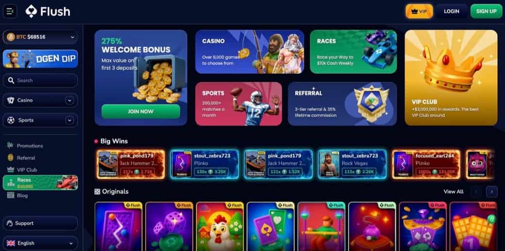 Flush Casino homepage showing the welcome bonus, game categories, and recent big wins