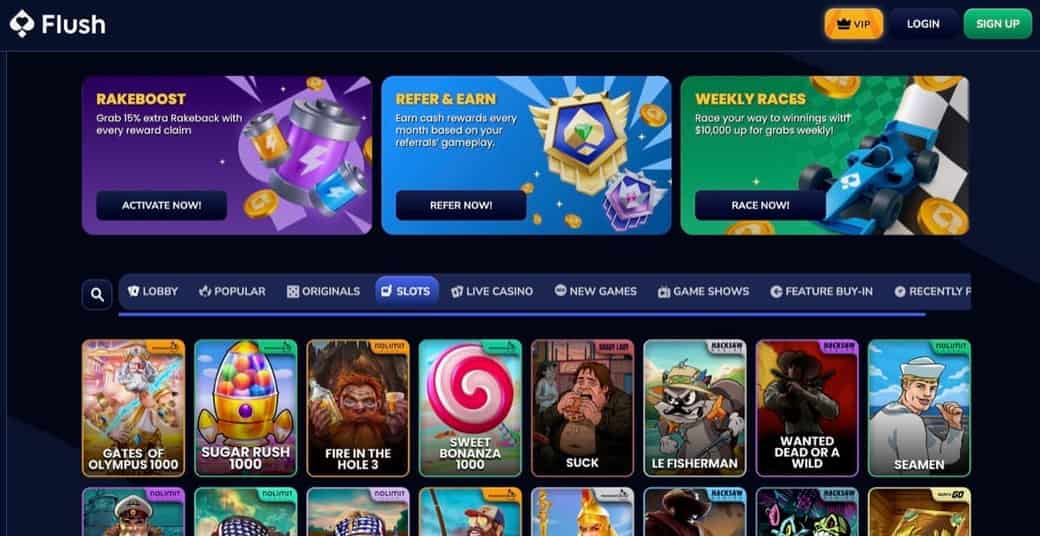 Flush Casino slot lobby with Rakeboost activation banner and featured game tiles