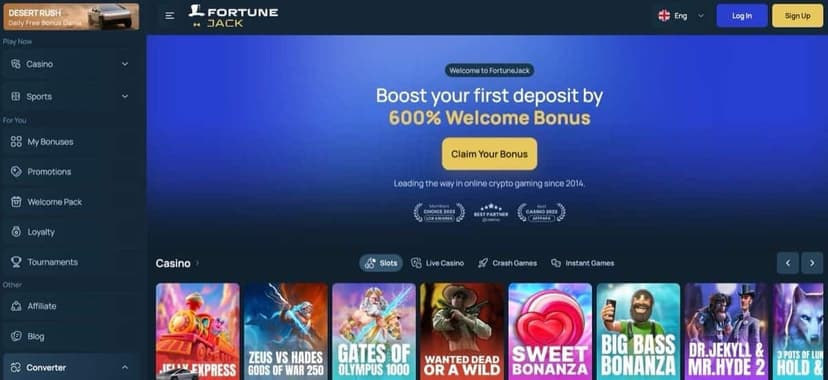 FortuneJack homepage showing the crypto casino lobby and sidebar navigation