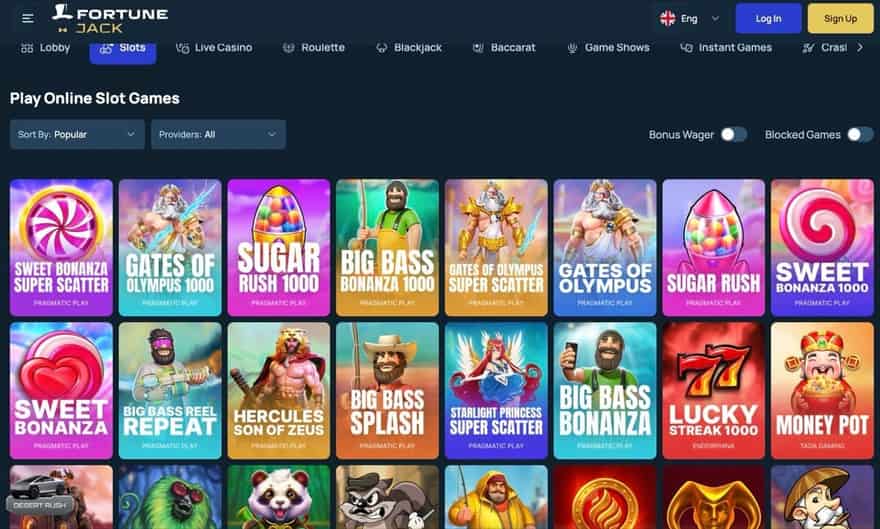 FortuneJack slot lobby with provider filters and game thumbnails
