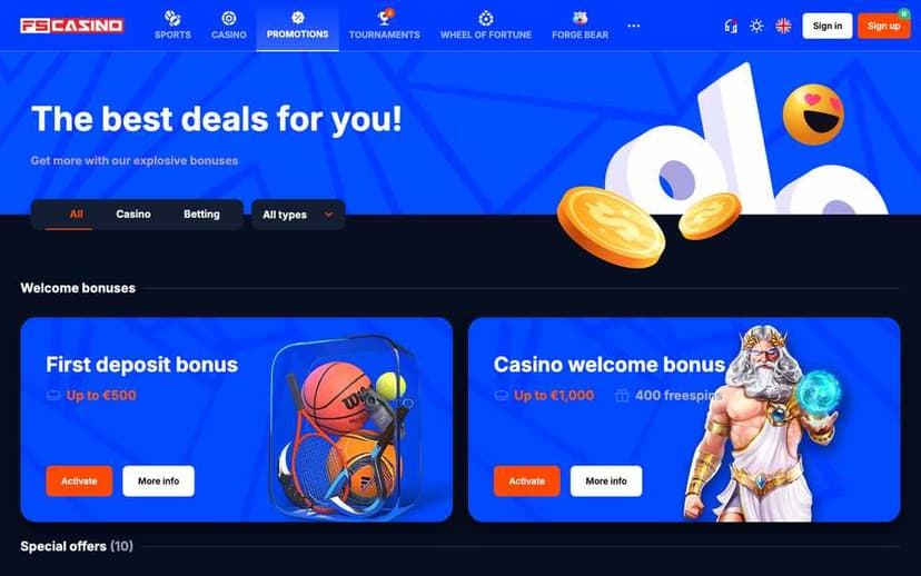 FS Casino promotions page with the casino welcome bonus of up to €1,000 + 400 free spins and a sports first-deposit offer